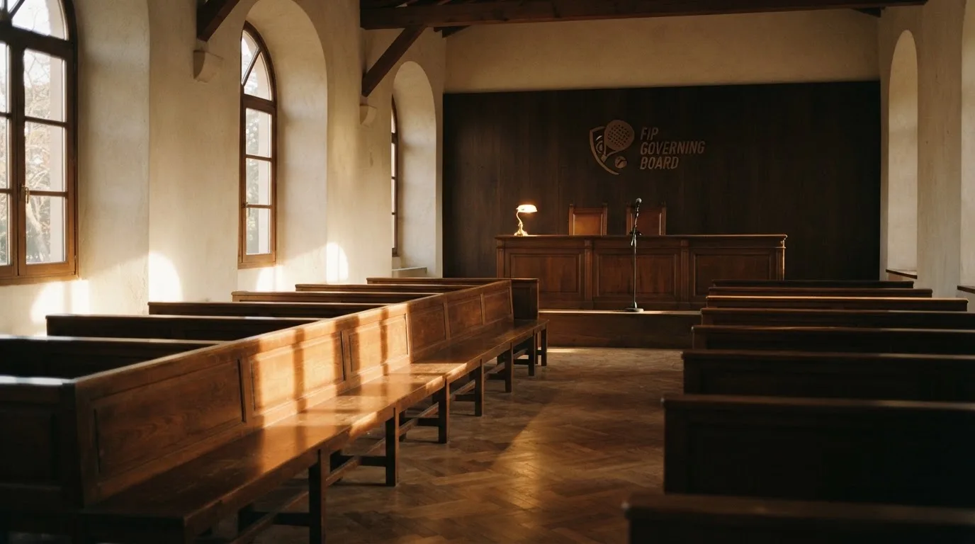 An empty courtroom with wooden benches in morning light