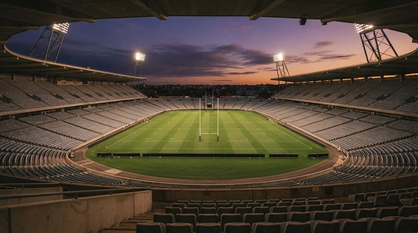 An empty football stadium with floodlight masts at dusk