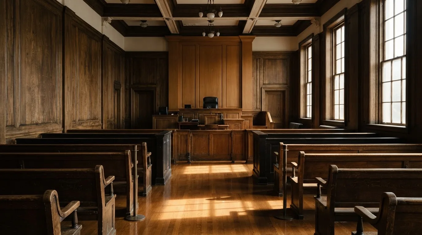 An empty courtroom with wooden benches in morning light