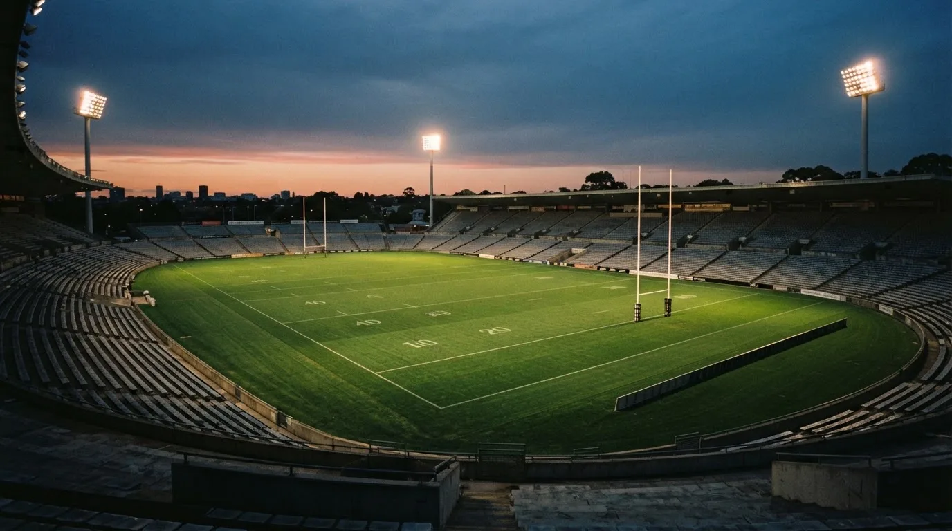 An empty football stadium with floodlight masts at dusk