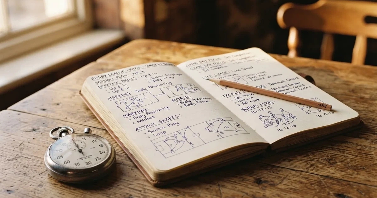 An open notebook with a pencil and a stopwatch on a wooden table
