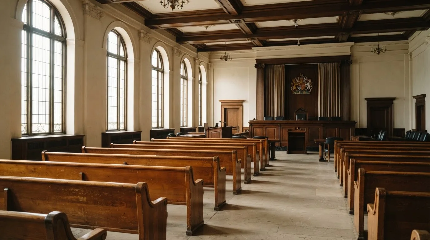 An empty courtroom with wooden benches in morning light
