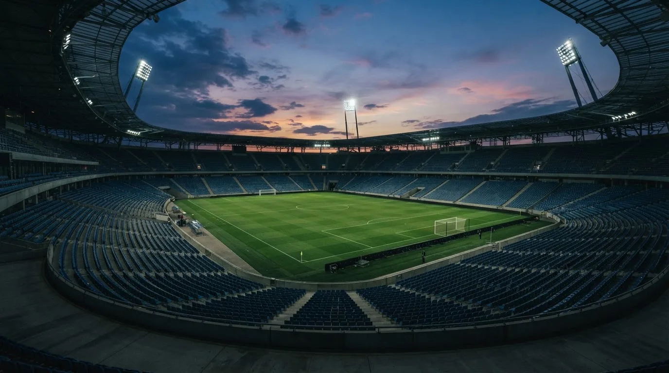 An empty football stadium with floodlight masts at dusk
