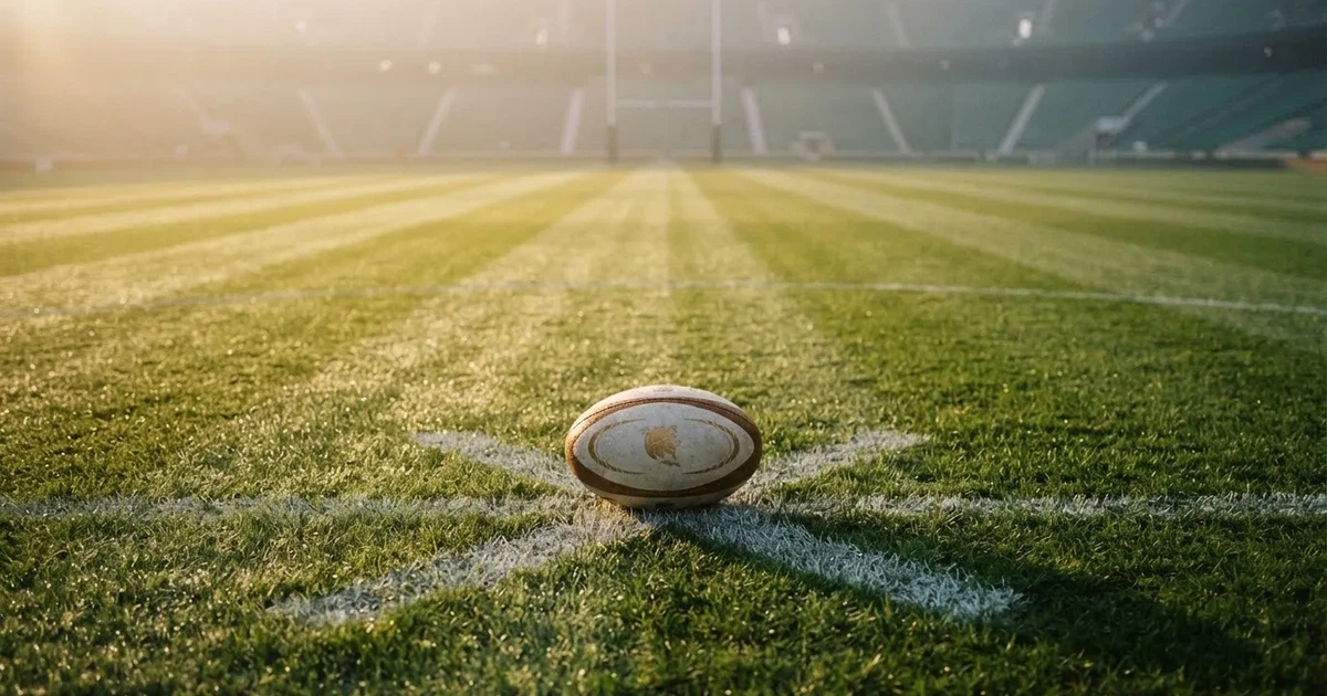 A ball on the centre spot of a grass pitch in morning light