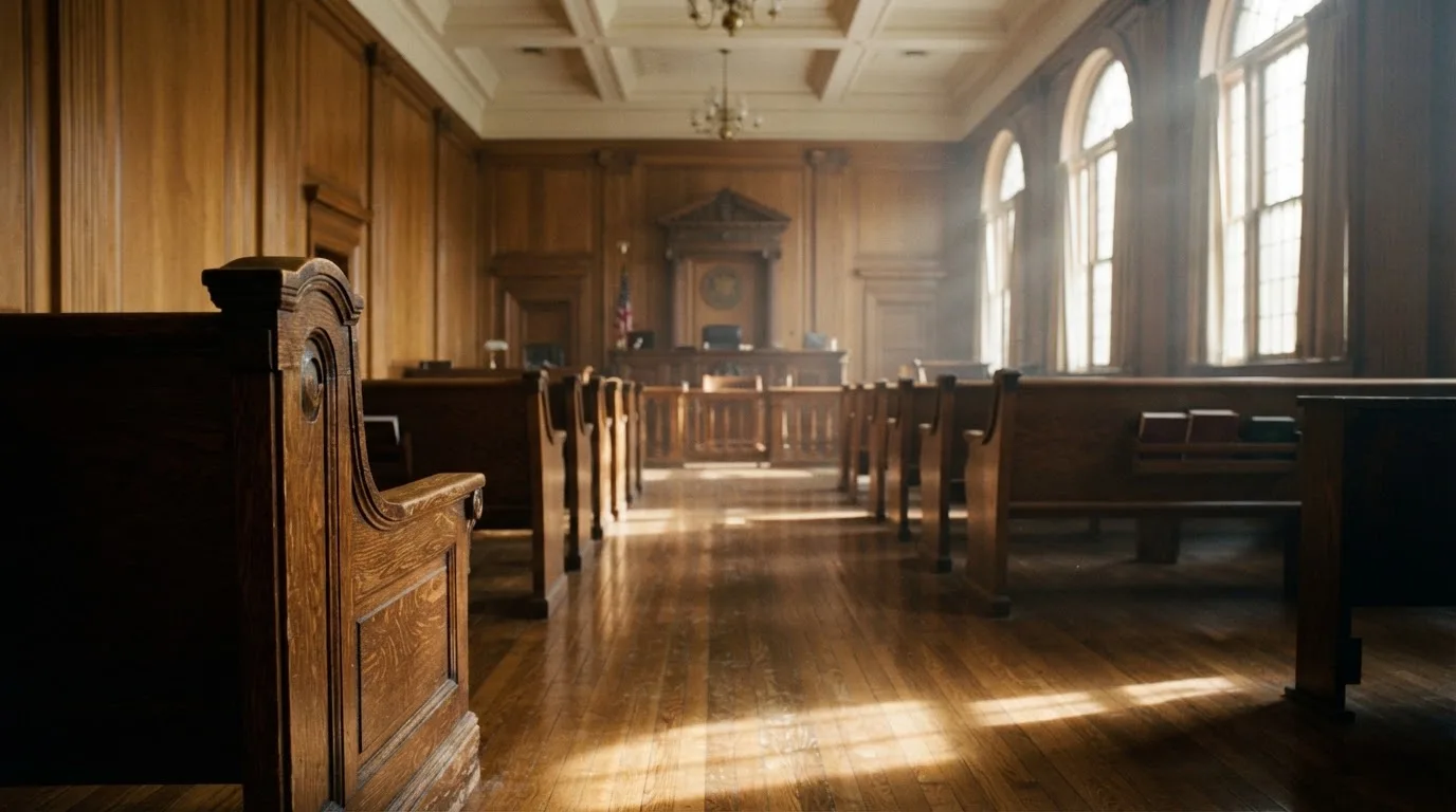 An empty courtroom with wooden benches in morning light