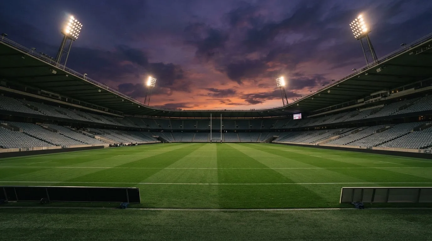An empty football stadium with floodlight masts at dusk