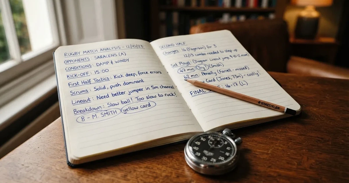 An open notebook with a pencil and a stopwatch on a wooden table