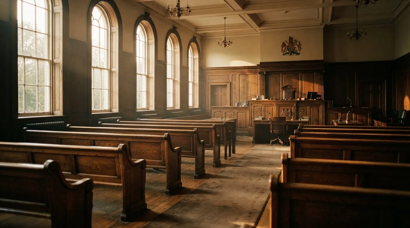 An empty courtroom with wooden benches in morning light