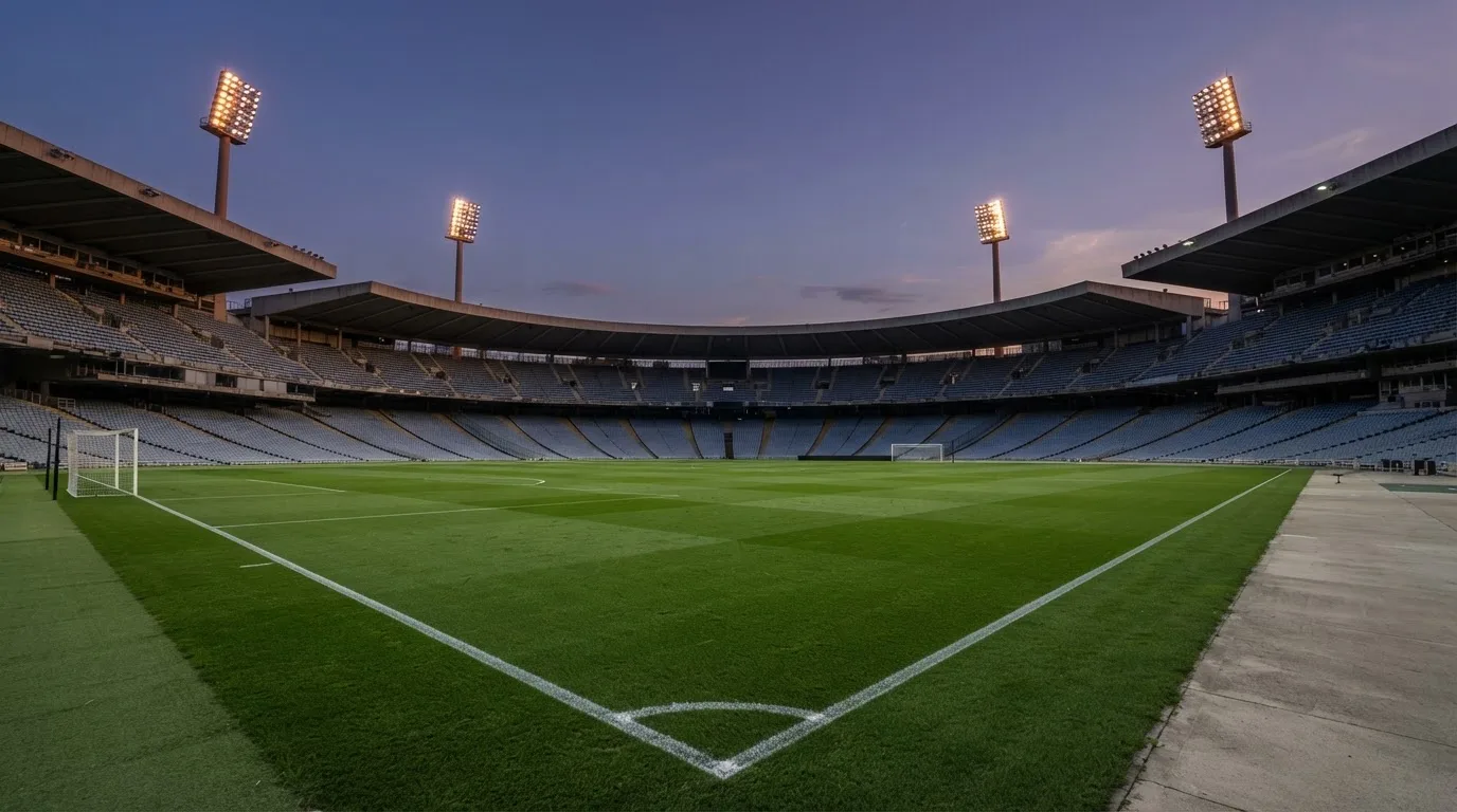An empty football stadium with floodlight masts at dusk
