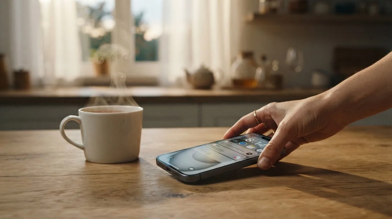 A hand setting a smartphone down beside a cup of tea on a kitchen table on a quiet evening
