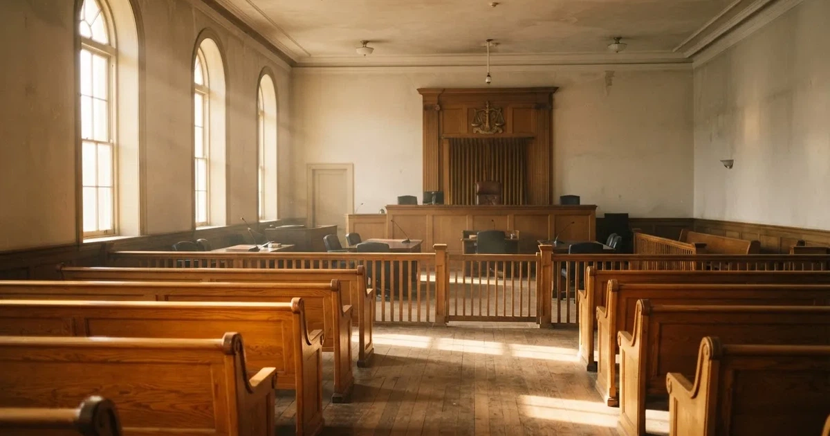 An empty courtroom with wooden benches in morning light