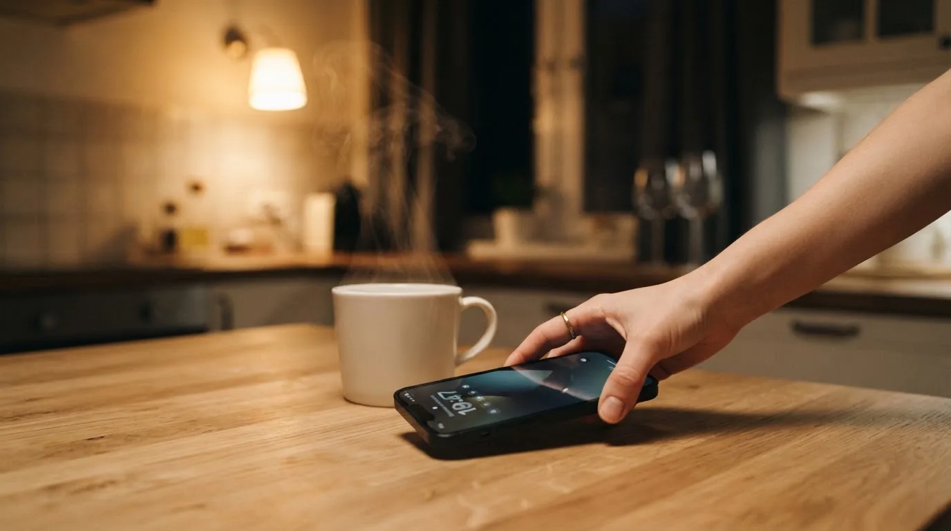 A hand setting a smartphone down beside a cup of tea on a kitchen table on a quiet evening