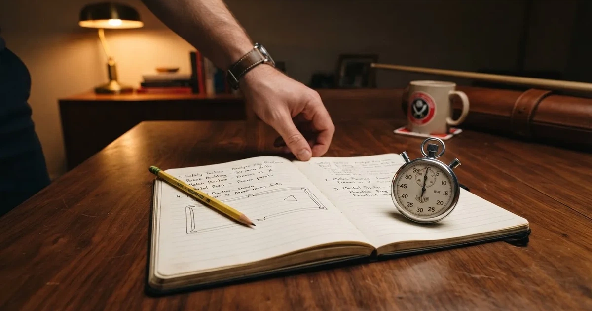 An open notebook with a pencil and a stopwatch on a wooden table