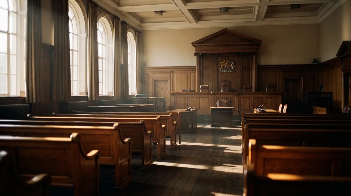 An empty courtroom with wooden benches in morning light