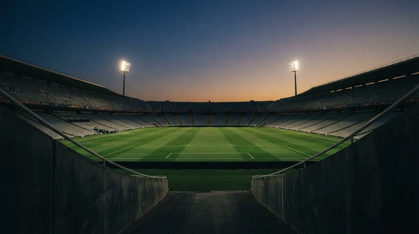 An empty football stadium with floodlight masts at dusk