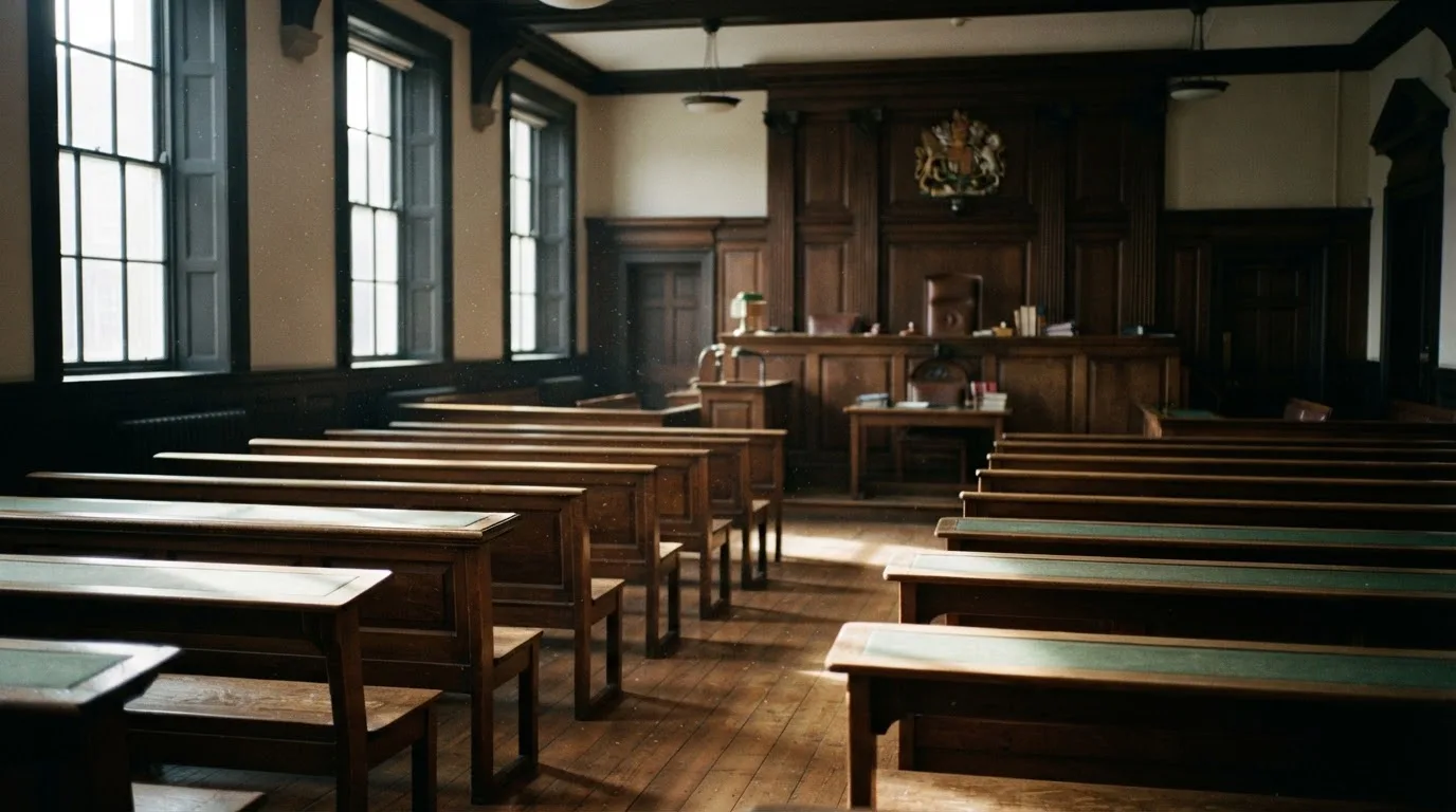 An empty courtroom with wooden benches in morning light
