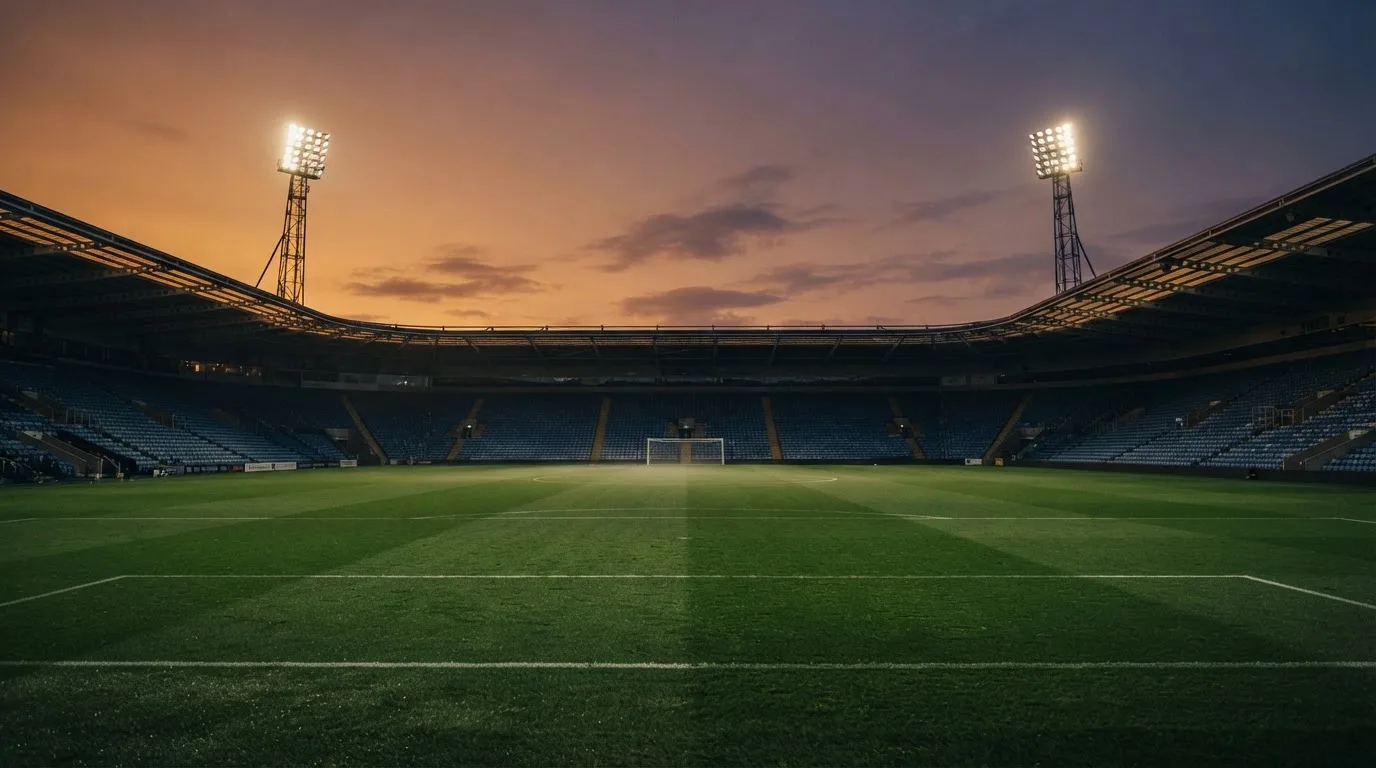 An empty football stadium with floodlight masts at dusk