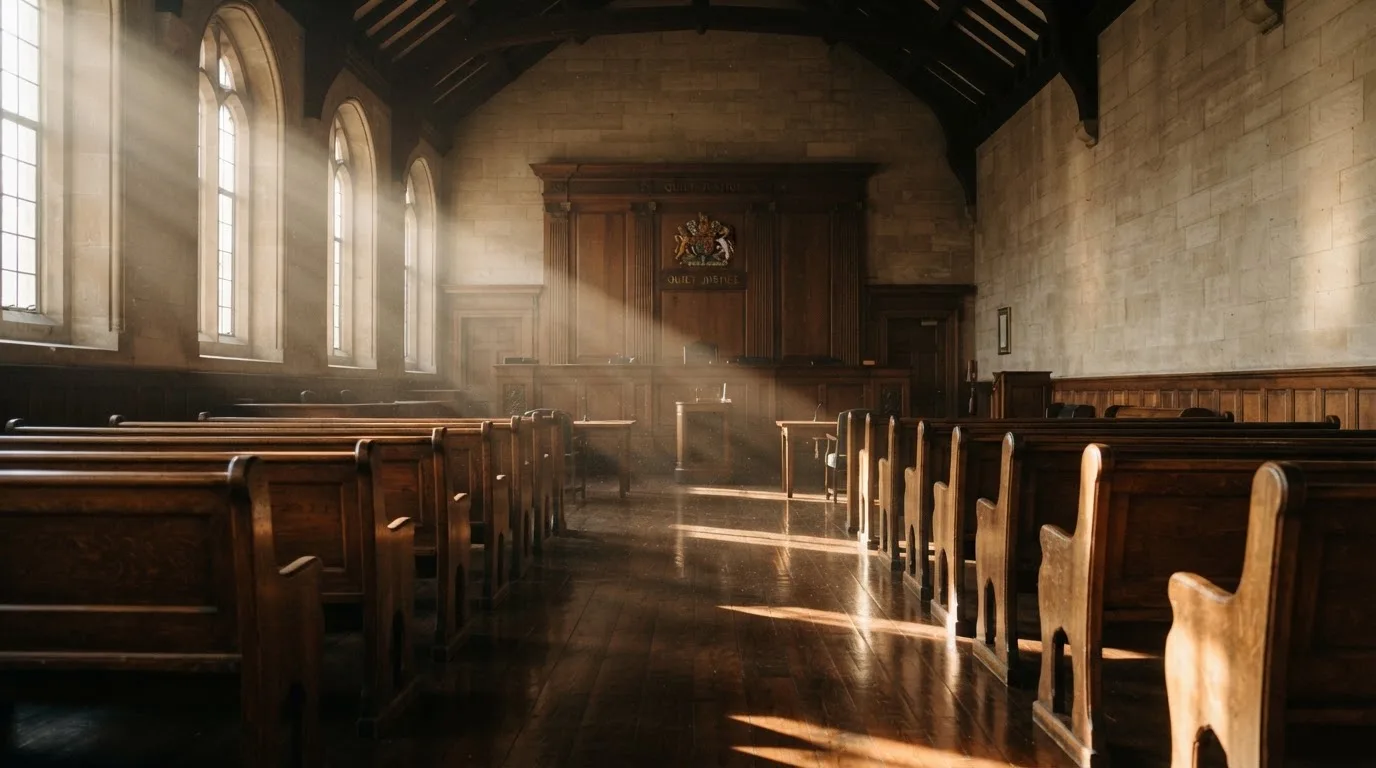 An empty courtroom with wooden benches in morning light