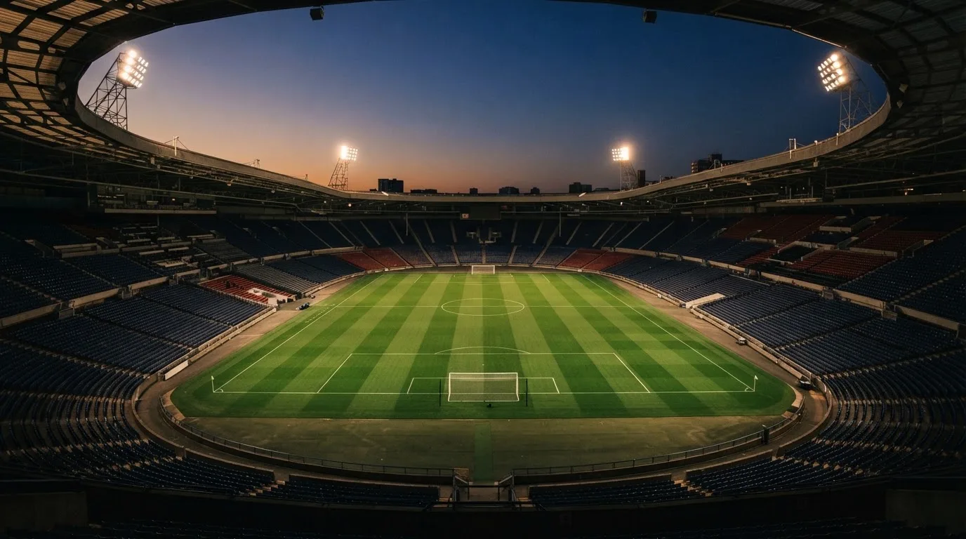 An empty football stadium with floodlight masts at dusk