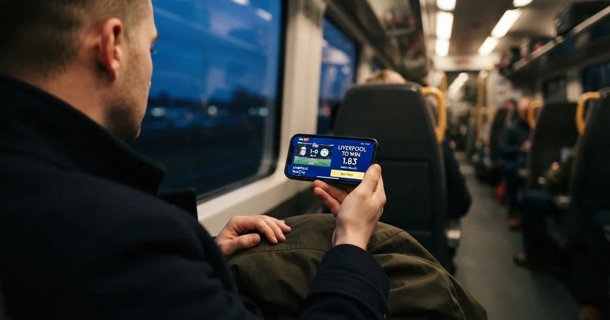 A hand holding a smartphone on a train in the evening, screen turned away