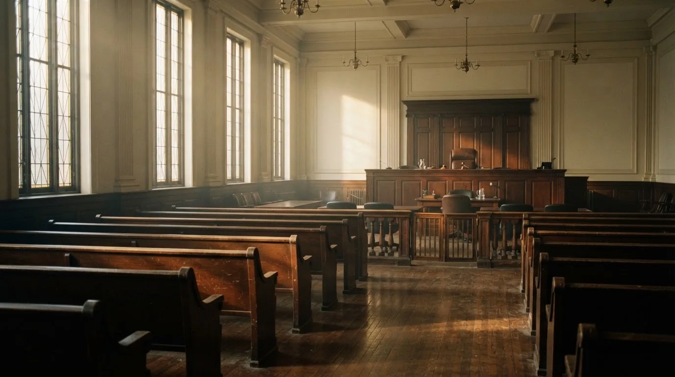 An empty courtroom with wooden benches in morning light