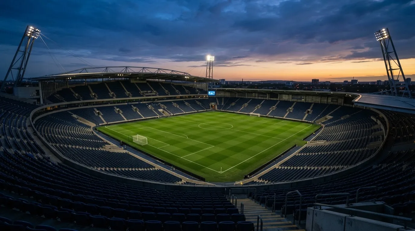 An empty football stadium with floodlight masts at dusk