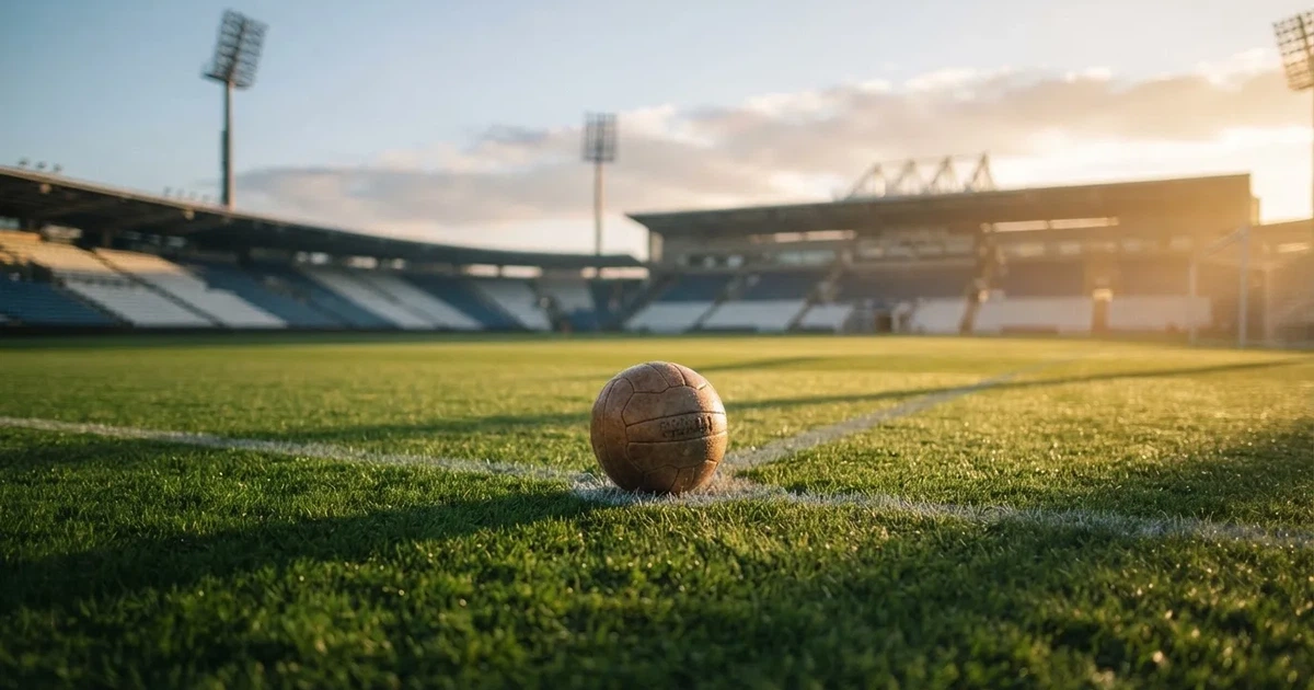 A ball on the centre spot of a grass pitch in morning light