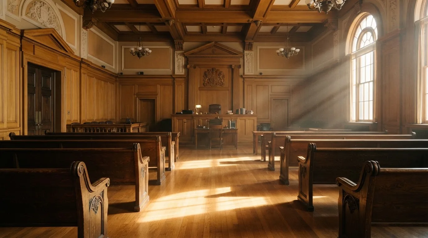 An empty courtroom with wooden benches in morning light