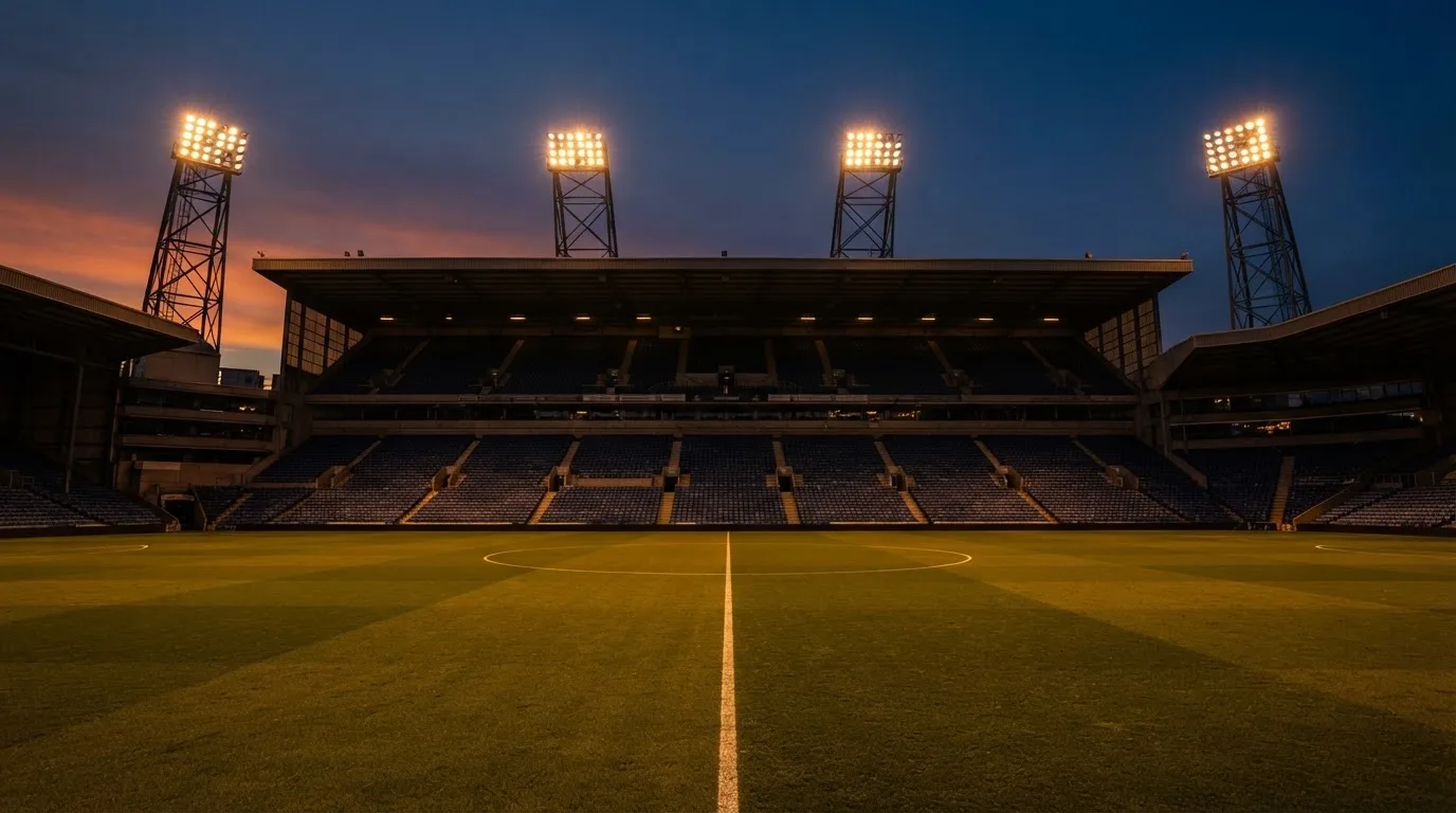 An empty football stadium with floodlight masts at dusk