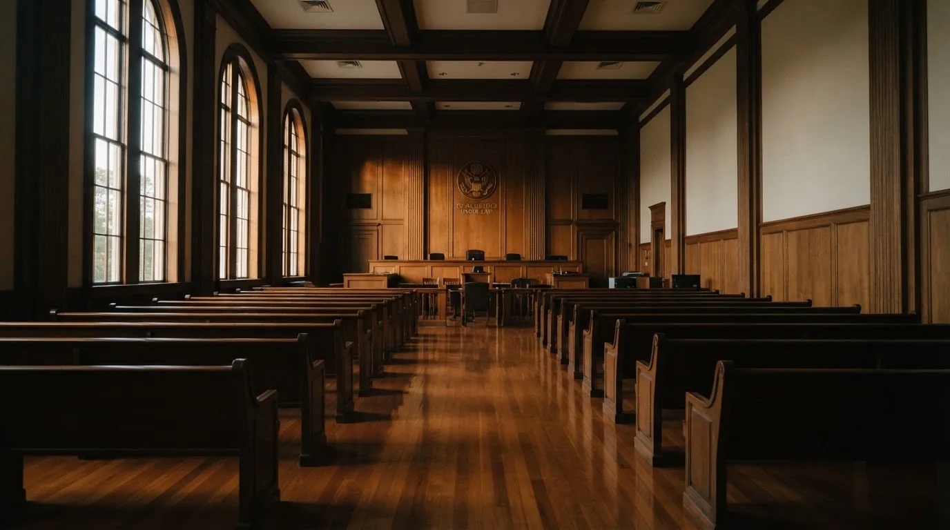 An empty courtroom with wooden benches in morning light