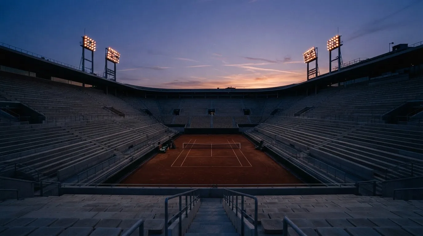 An empty football stadium with floodlight masts at dusk