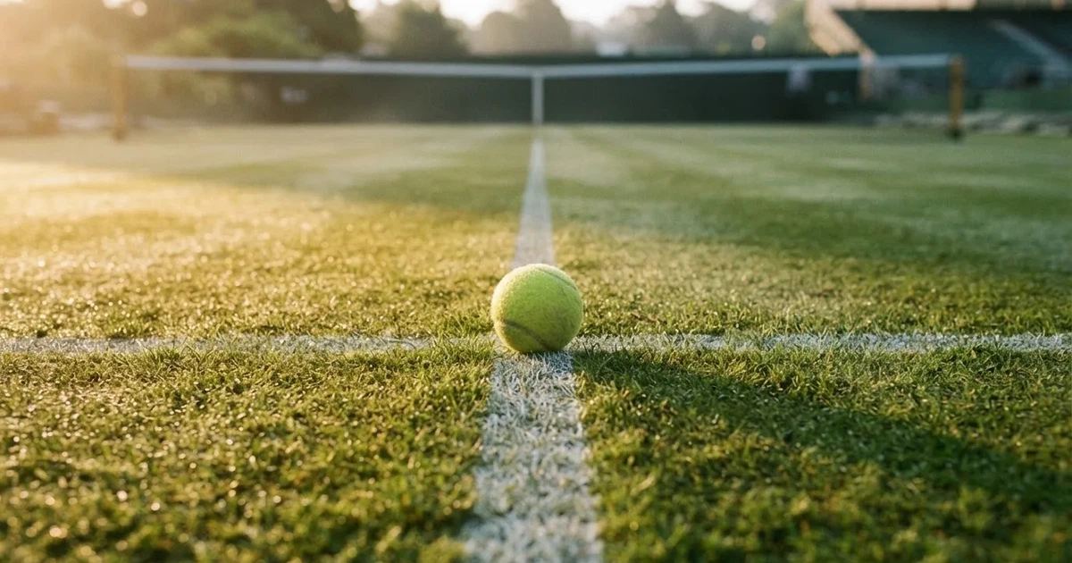 A ball on the centre spot of a grass pitch in morning light