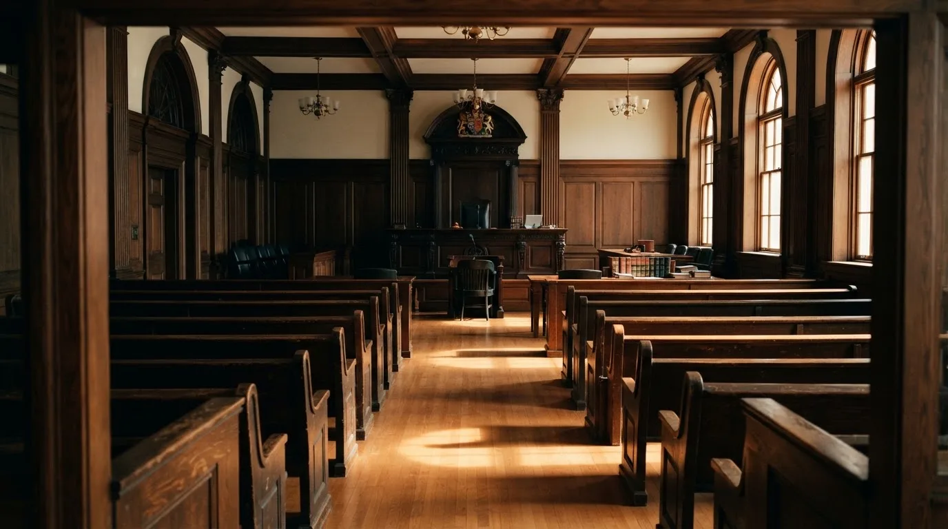 An empty courtroom with wooden benches in morning light