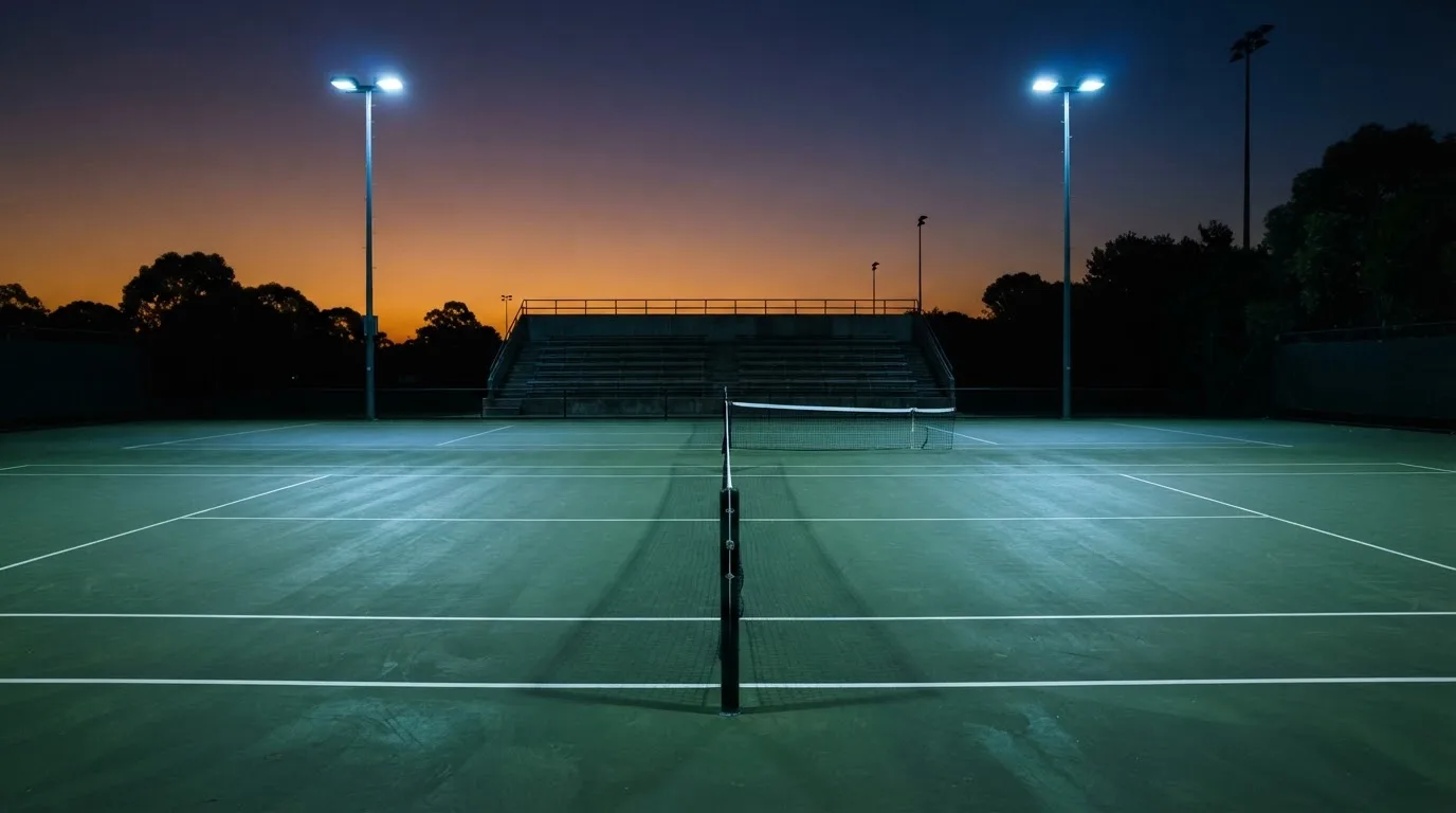 An empty football stadium with floodlight masts at dusk
