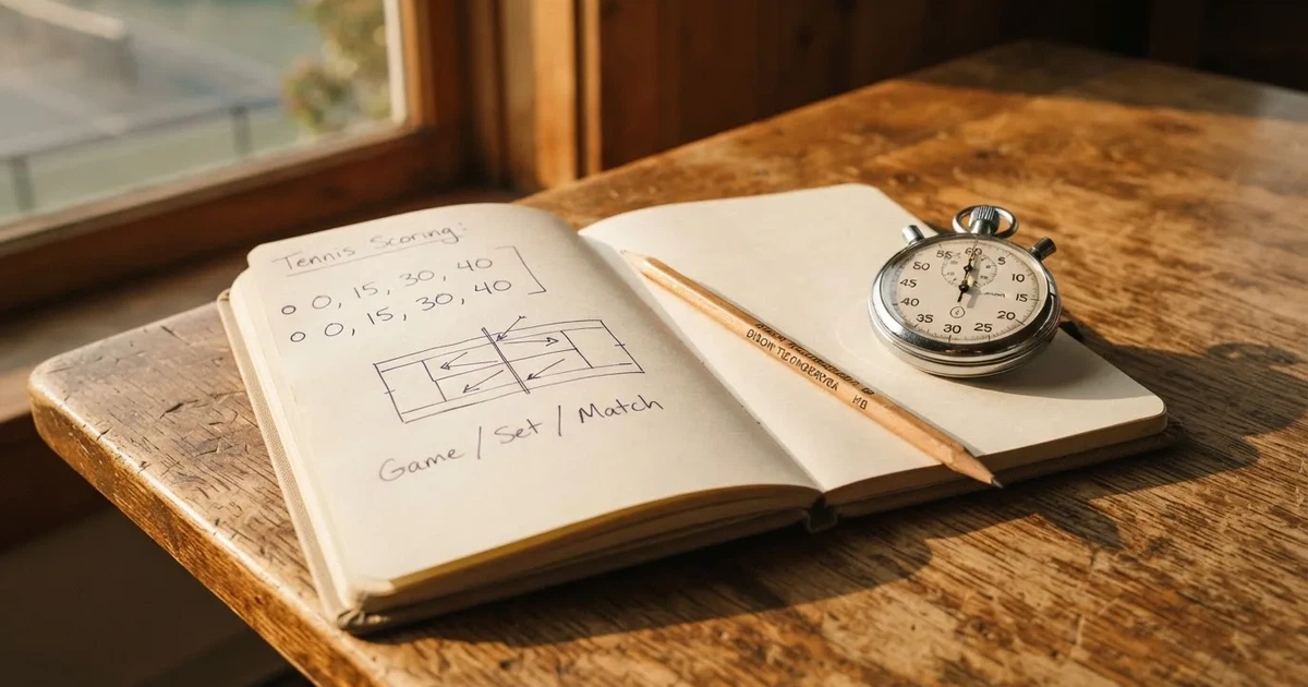 An open notebook with a pencil and a stopwatch on a wooden table