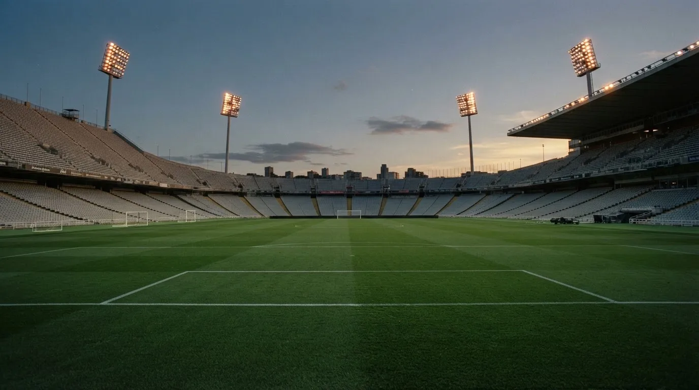 An empty football stadium with floodlight masts at dusk