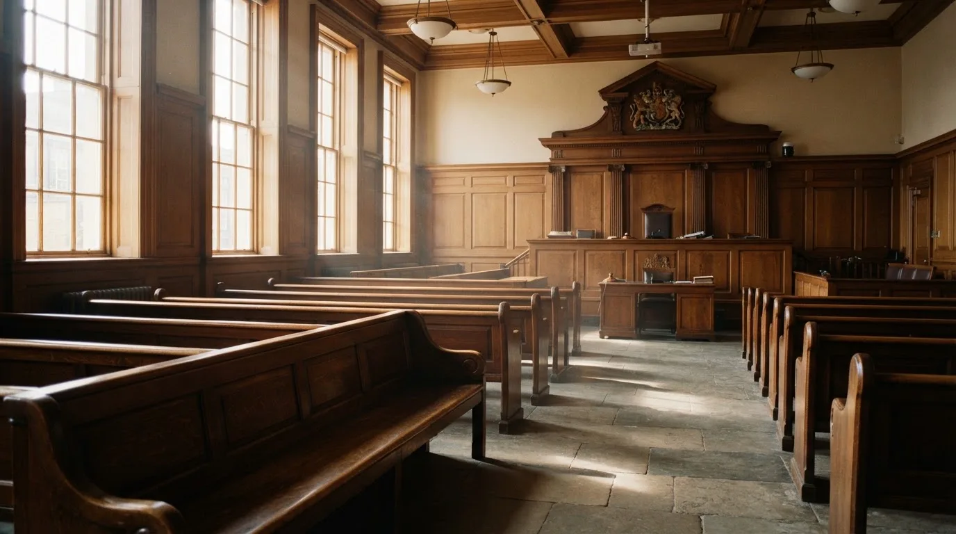 An empty courtroom with wooden benches in morning light