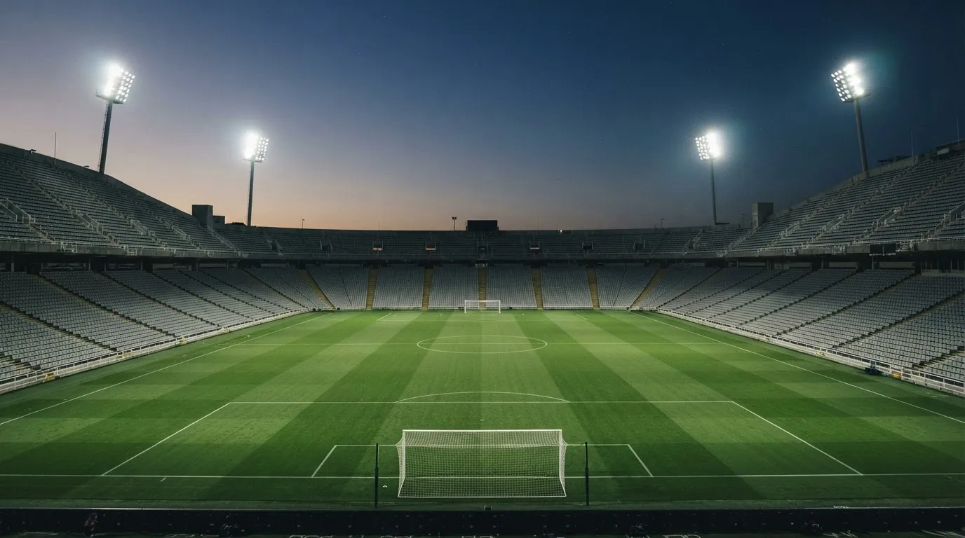 An empty football stadium with floodlight masts at dusk