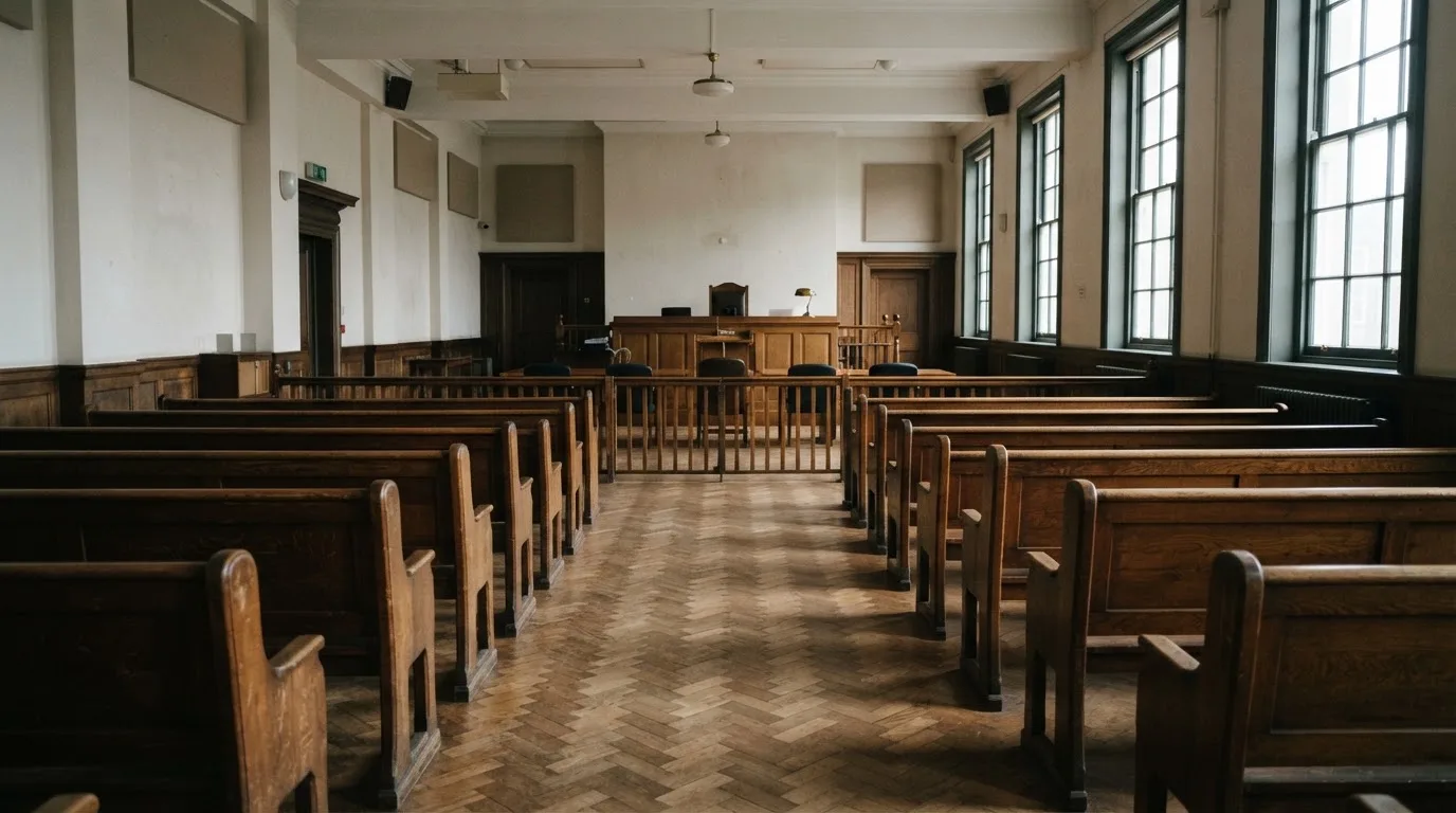 An empty courtroom with wooden benches in morning light