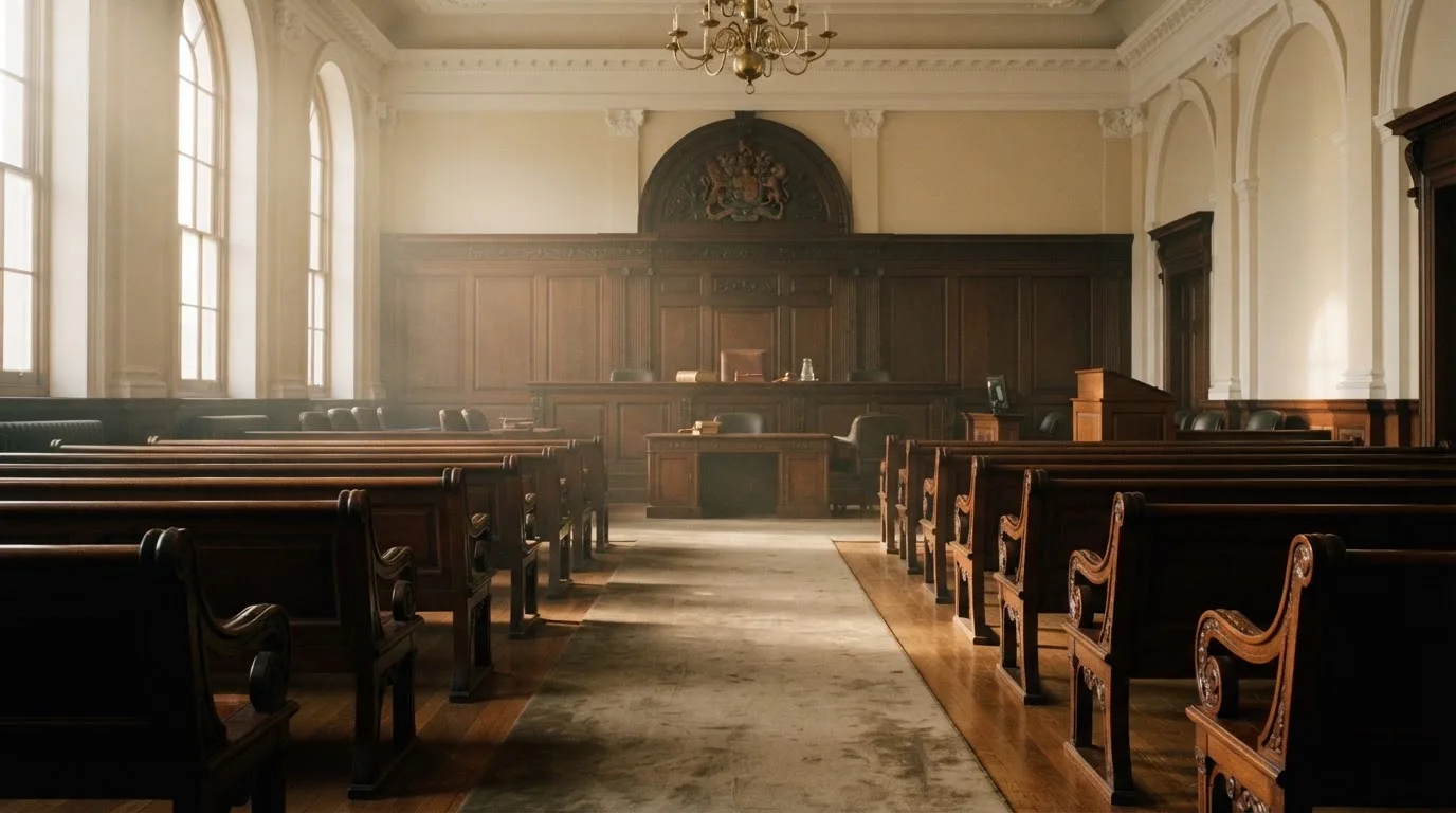 An empty courtroom with wooden benches in morning light