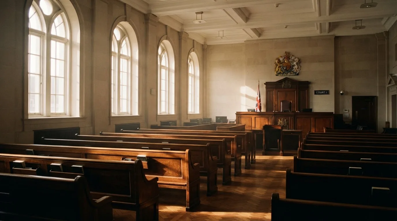 An empty courtroom with wooden benches in morning light