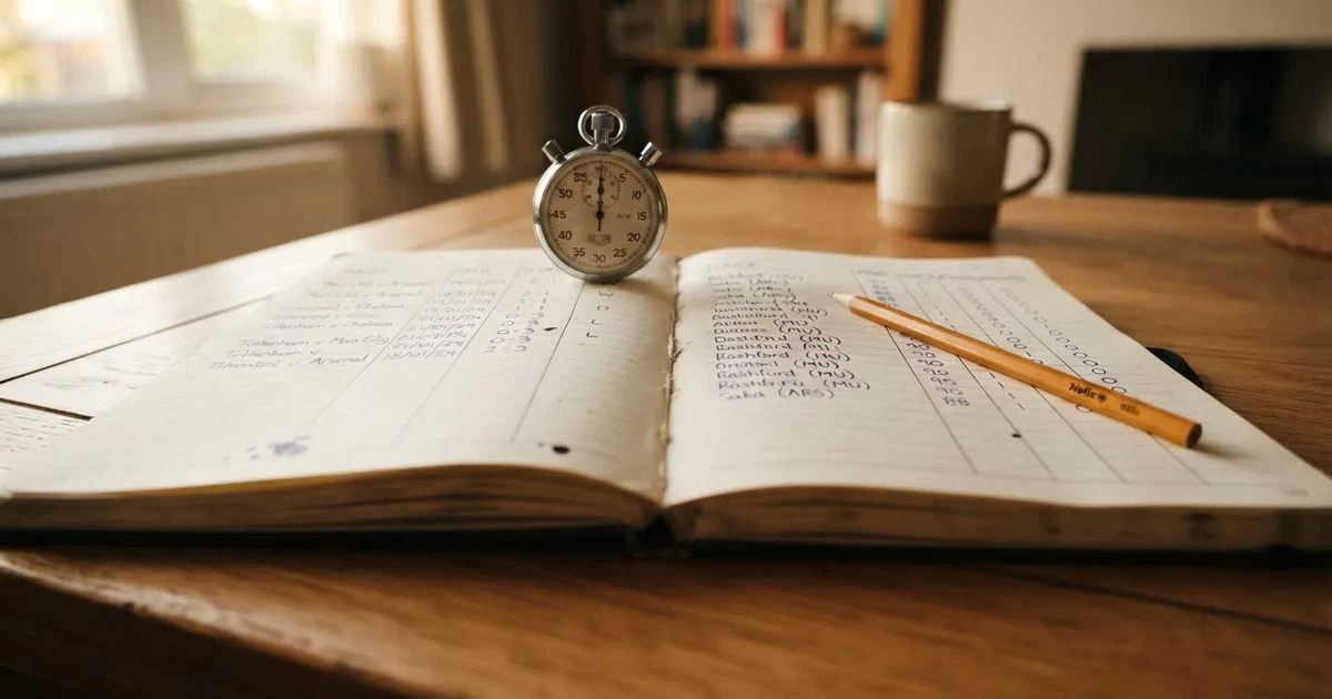 An open notebook with a pencil and a stopwatch on a wooden table