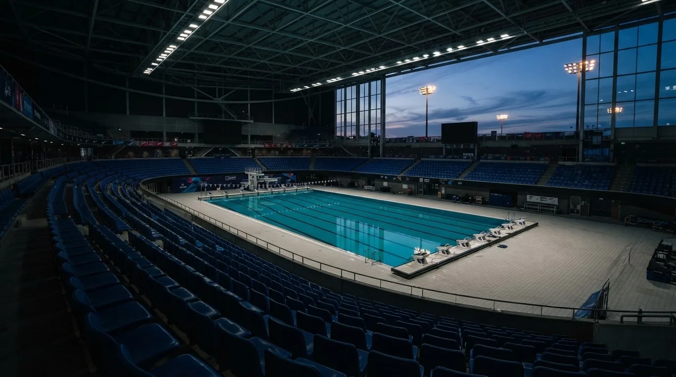 An empty football stadium with floodlight masts at dusk