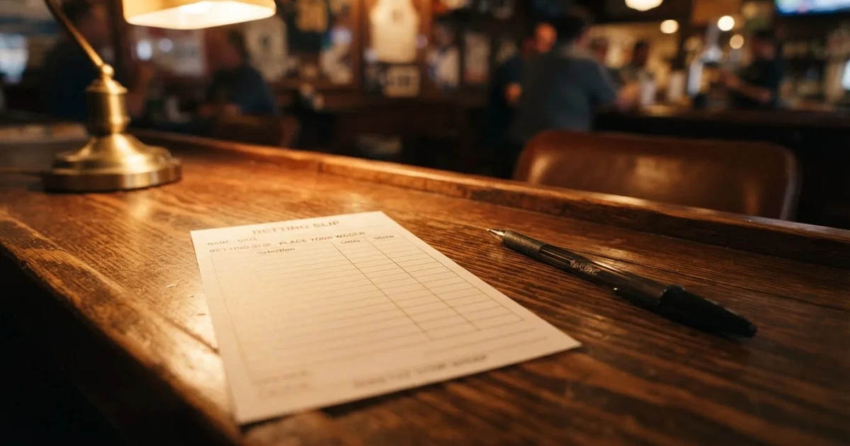 A blank paper betting slip beside a pen on a wooden counter