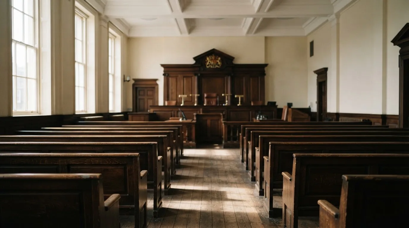 An empty courtroom with wooden benches in morning light