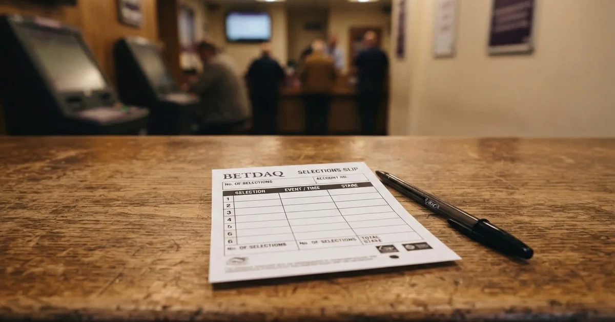 A blank paper betting slip beside a pen on a wooden counter