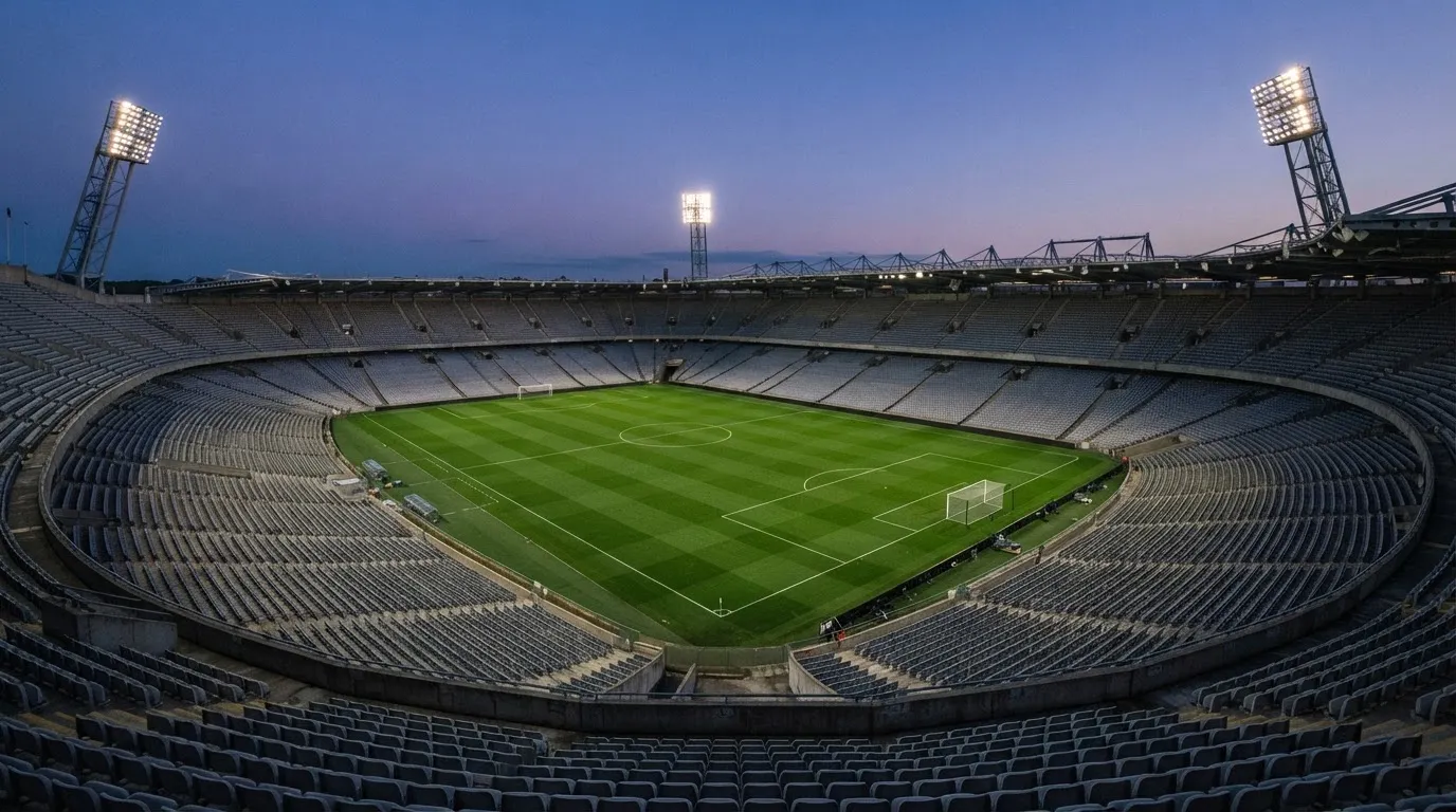 An empty football stadium with floodlight masts at dusk