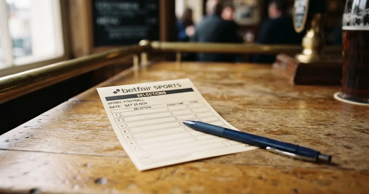A blank paper betting slip beside a pen on a wooden counter