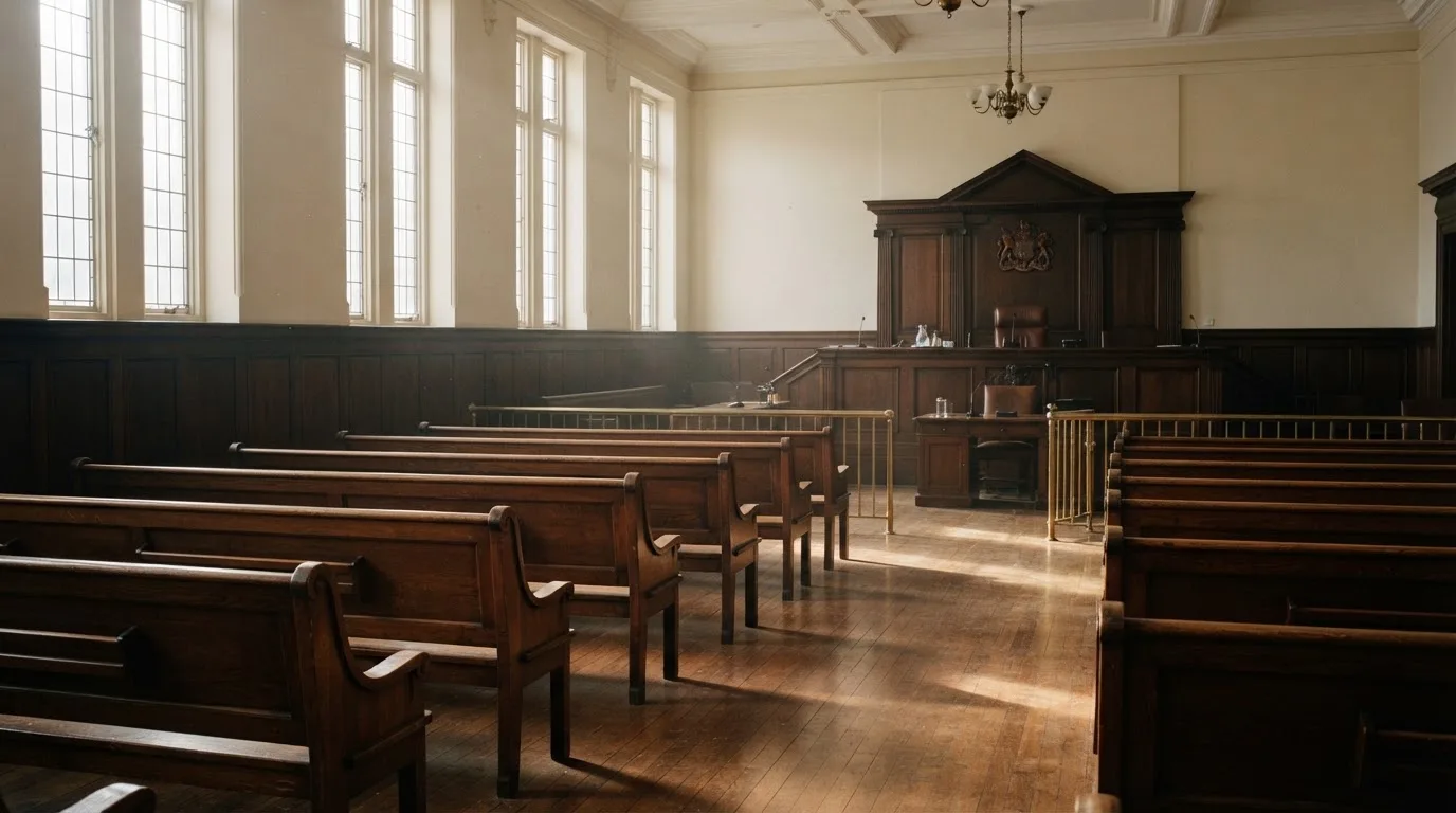 An empty courtroom with wooden benches in morning light