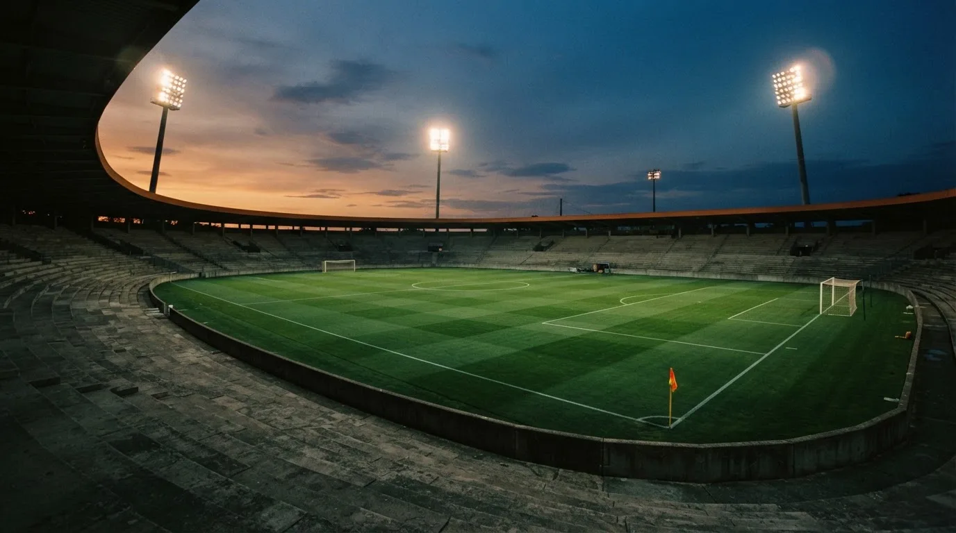 An empty football stadium with floodlight masts at dusk